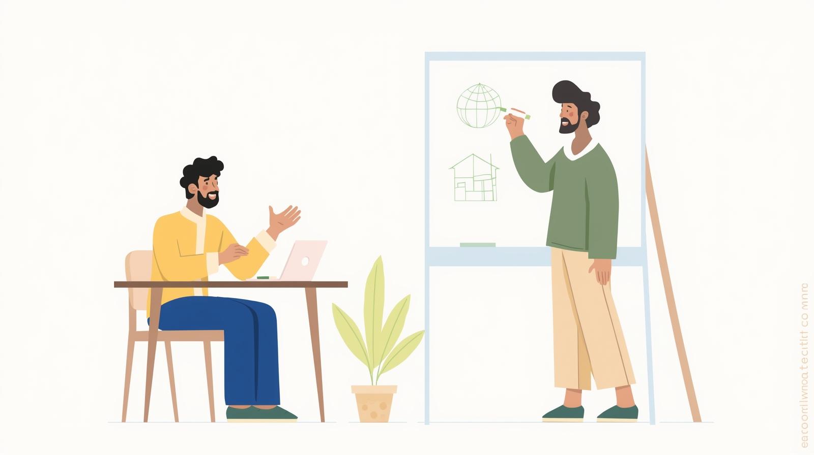 a man sitting at a desk with a laptop giving instructions to a man standing at a white board