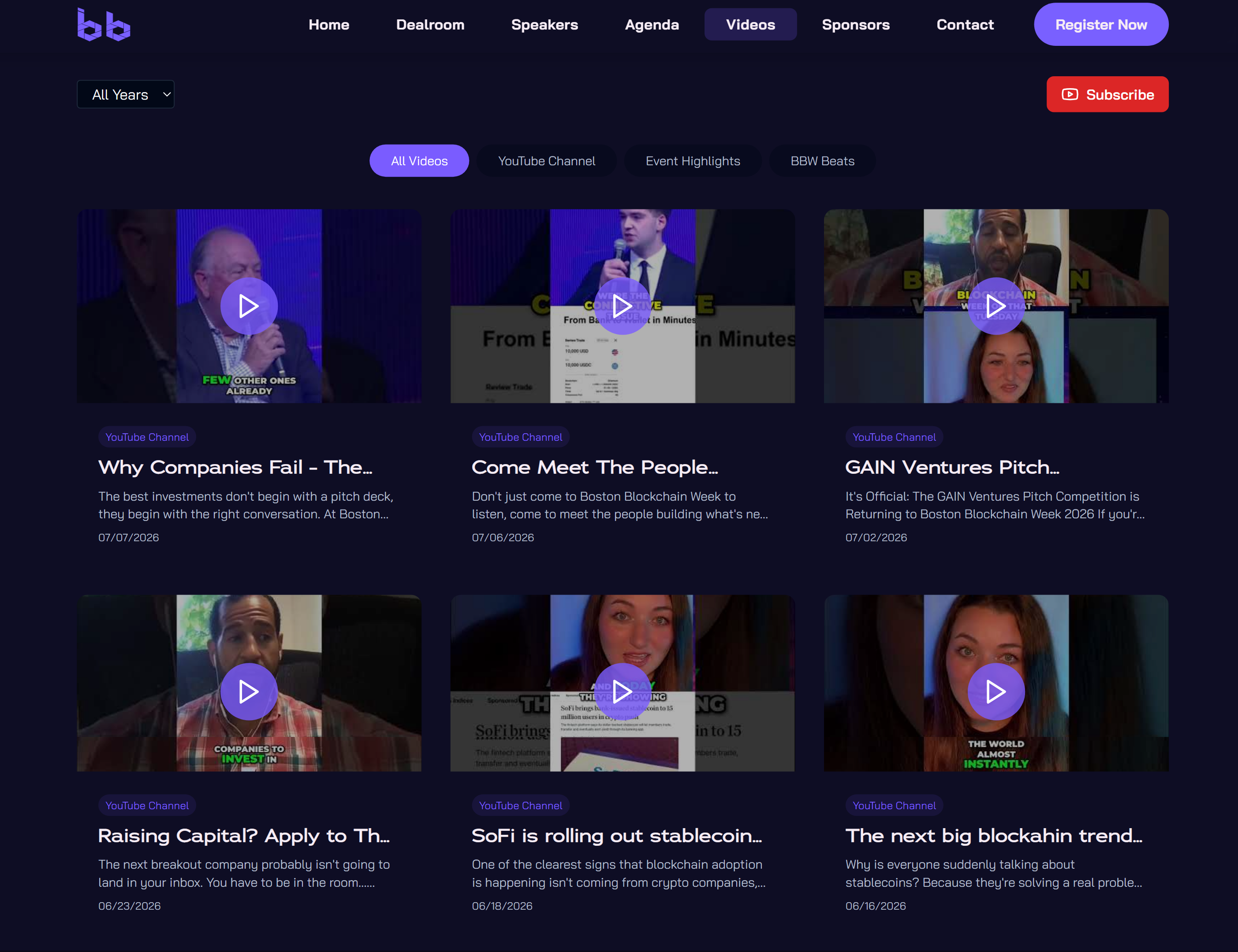 screenshot of boston blockchain week video gallery page