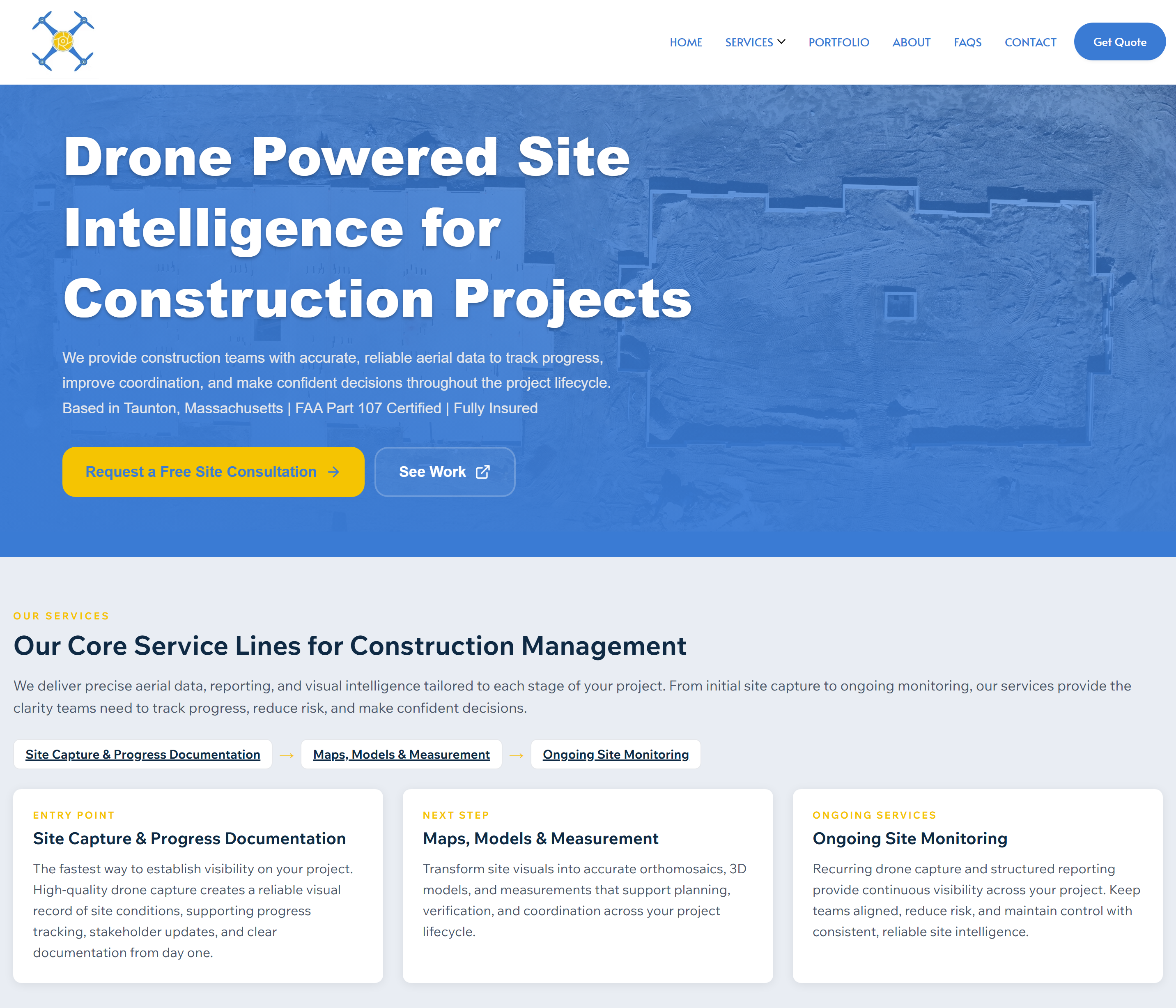 screenshot of Bay State Drones mapping and inspections services page