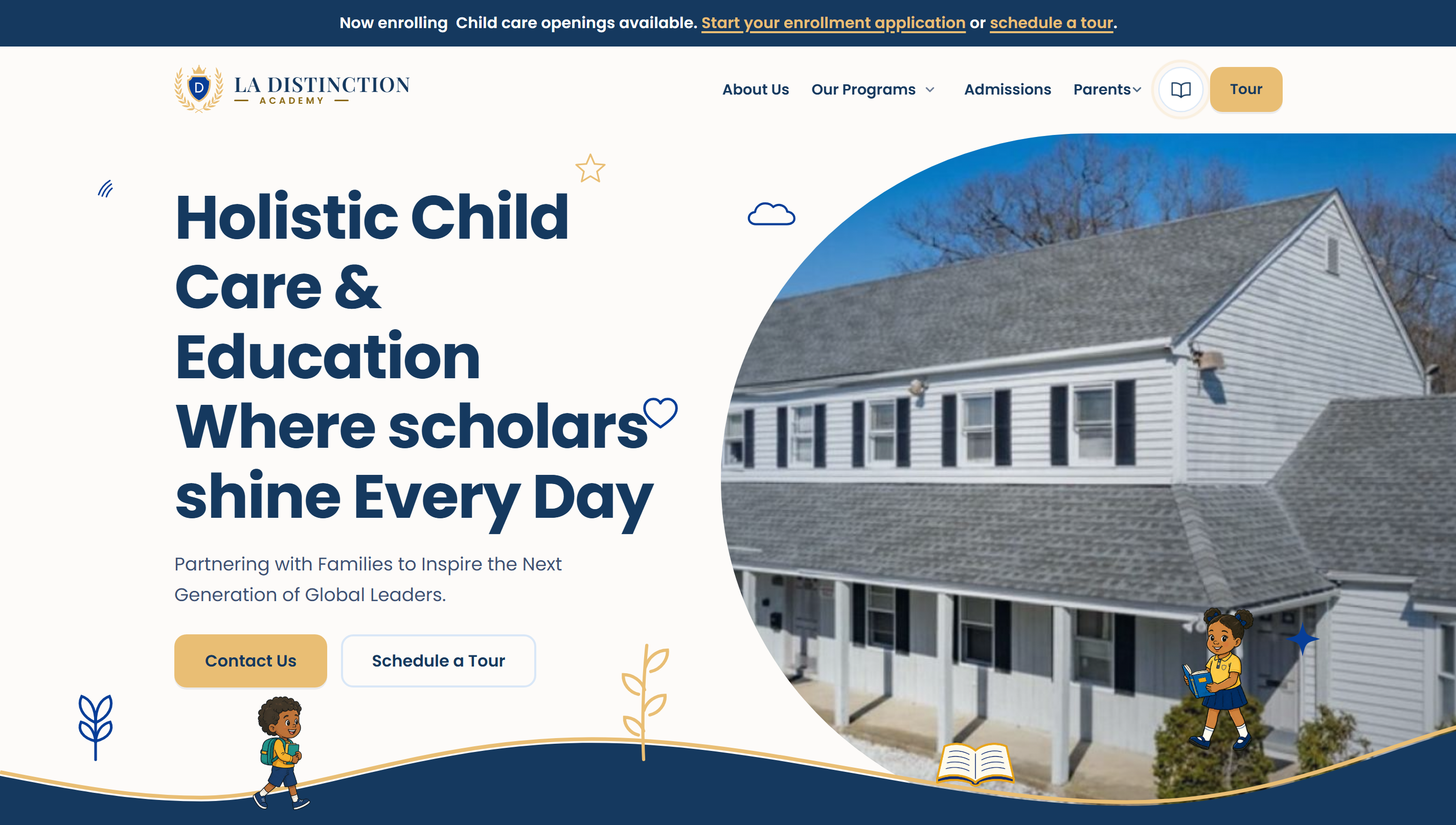 screenshot of the La Distinction home page hero with a photo of the school