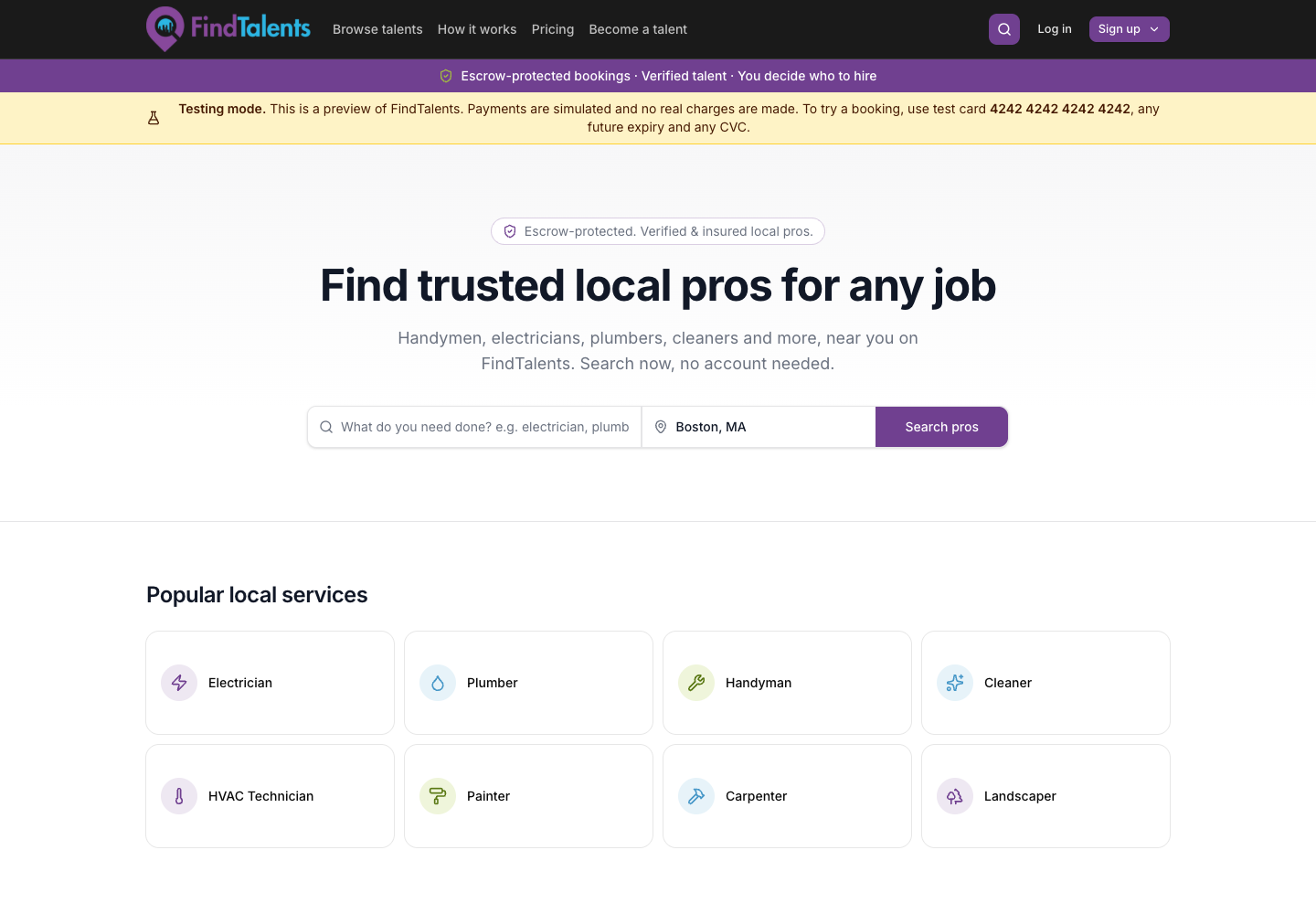 FindTalents marketplace homepage with escrow-protected local services search