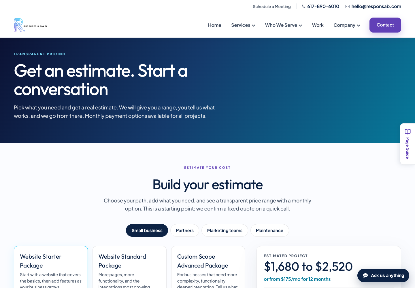 Responsab transparent pricing calculator page