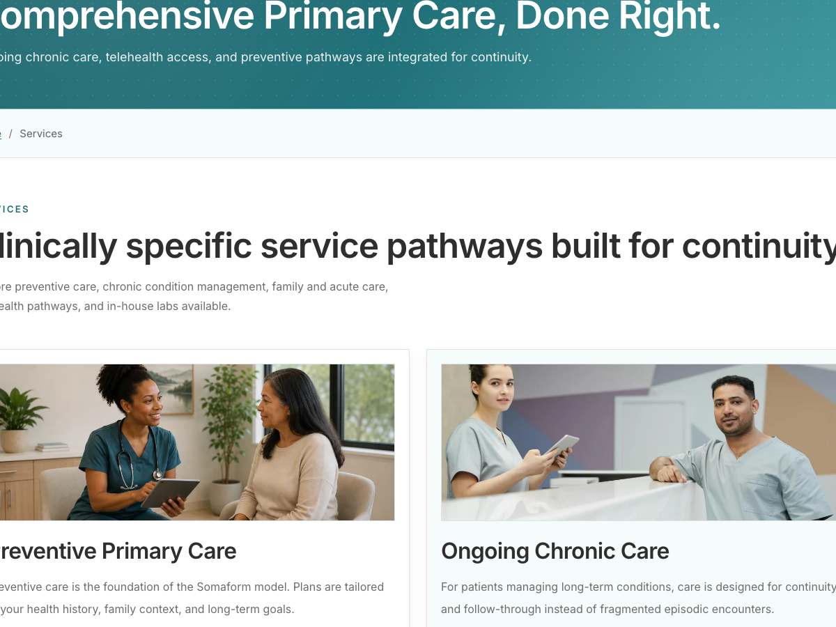 Somaform Health services page experience