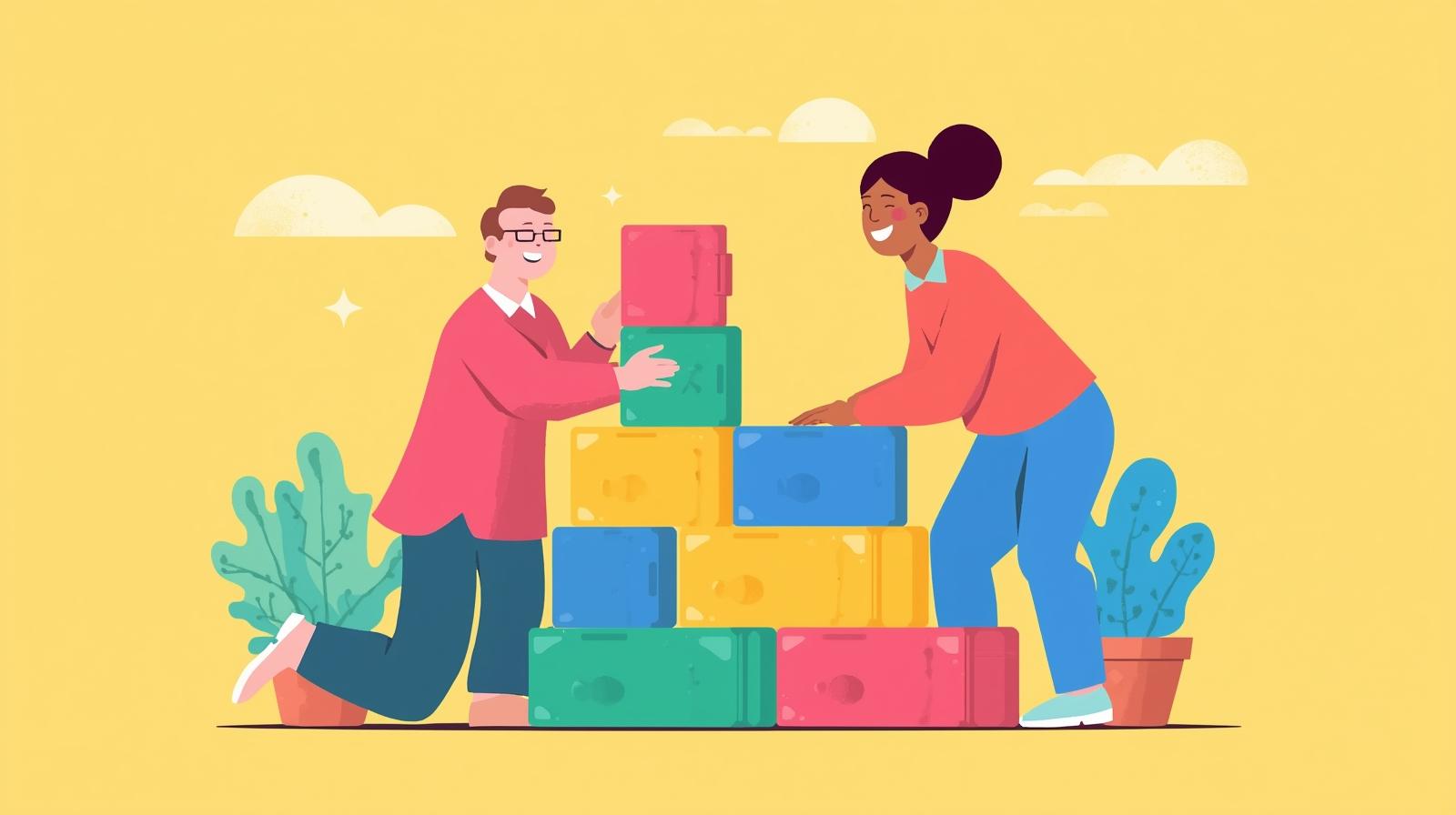 a man and a women are playing with large colorful blocks, building a tower