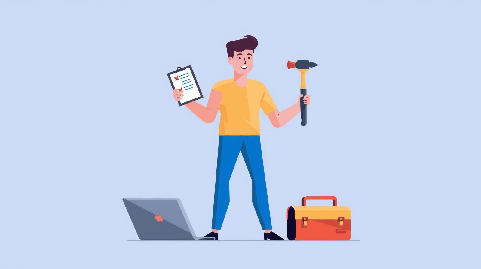 a man holding a clipboard and a hammer standing over a laptop and a toolbox