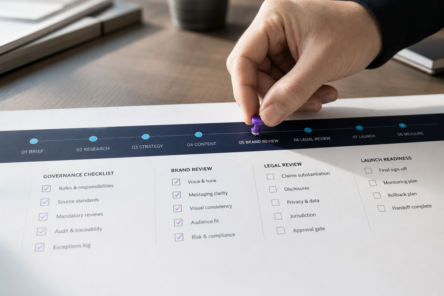 Close-up of a navy timeline with cyan stage markers as a hand places a violet approval pin, suggesting human-led review in an agentic marketing workflow.