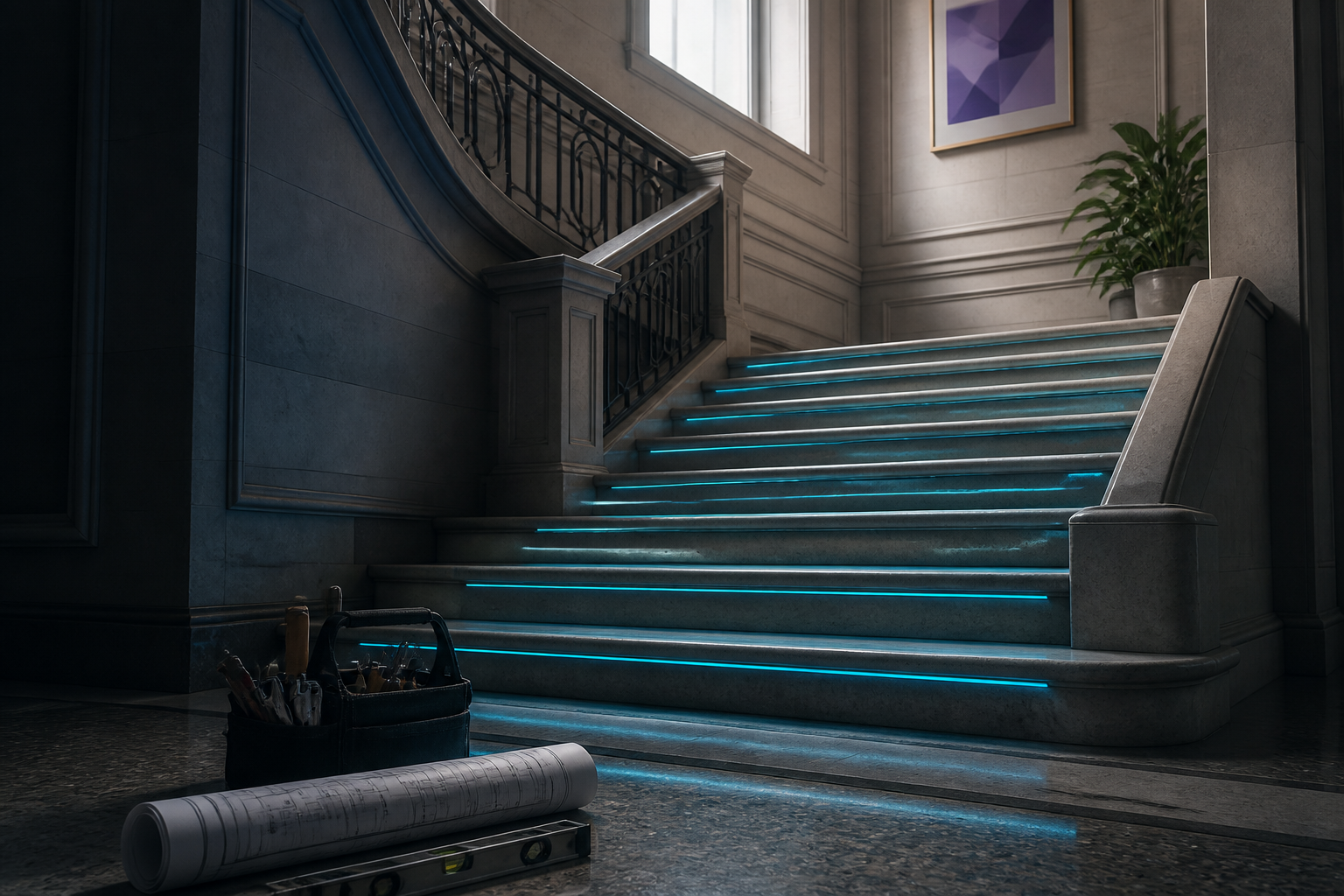 Well-lit stone staircase with subtle cyan edge lighting and a small toolkit at the base, suggesting a planned upgrade path rather than a disruptive rebuild.