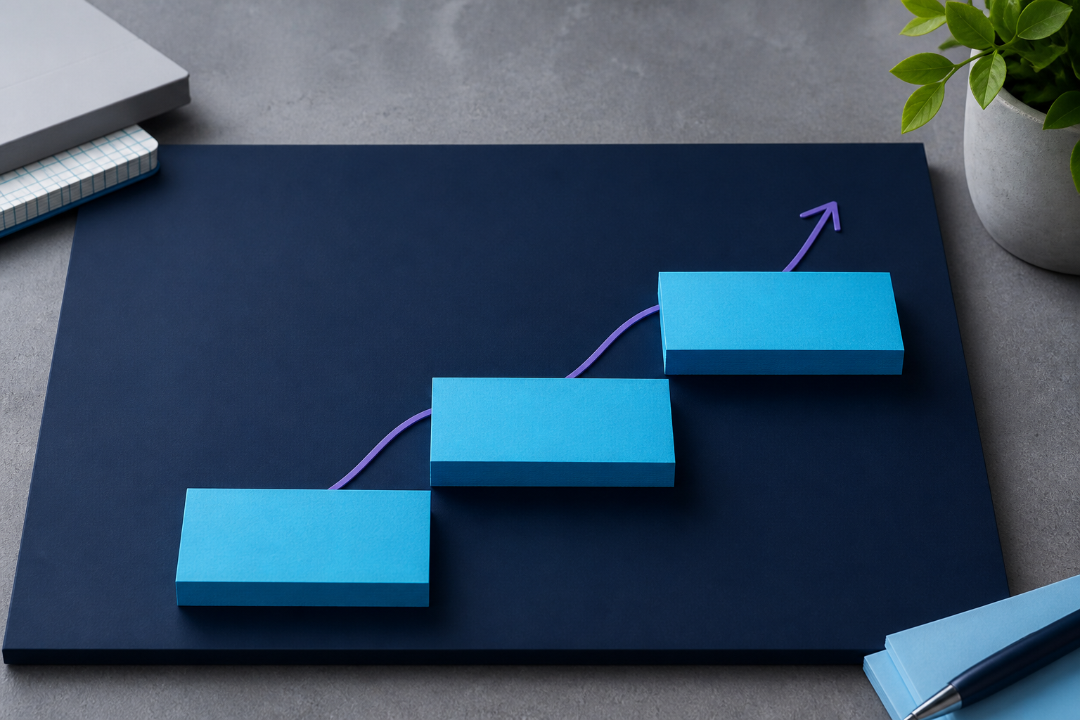 Three ascending cyan steps on a navy field with a thin violet upward arrow, suggesting a planned Drupal upgrade path.