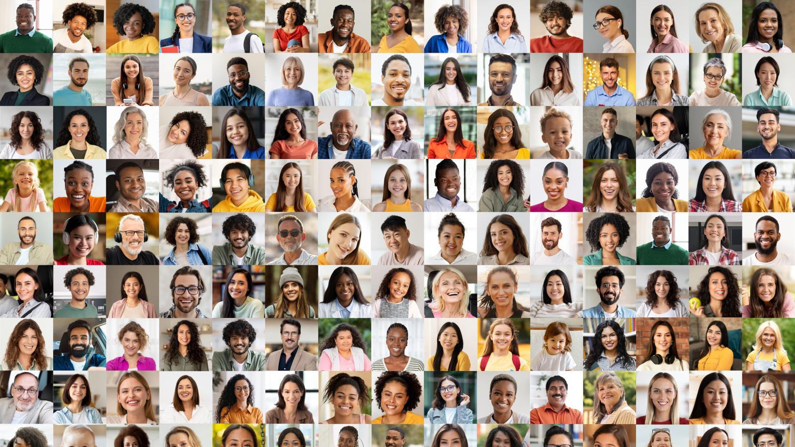Collage of diverse multiethnic people faces smiling