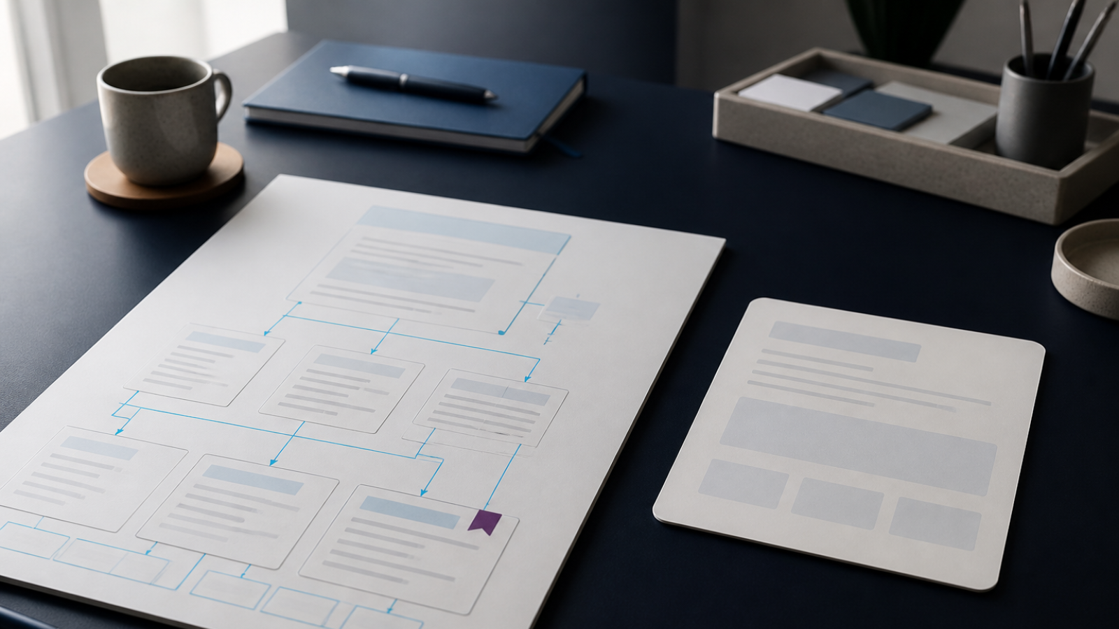 Calm navy editorial desk with a structured page outline and cyan pathway lines suggesting an owned content journey beside a plain unlabeled summary card, implying search answer compression without logos or fake traffic charts.