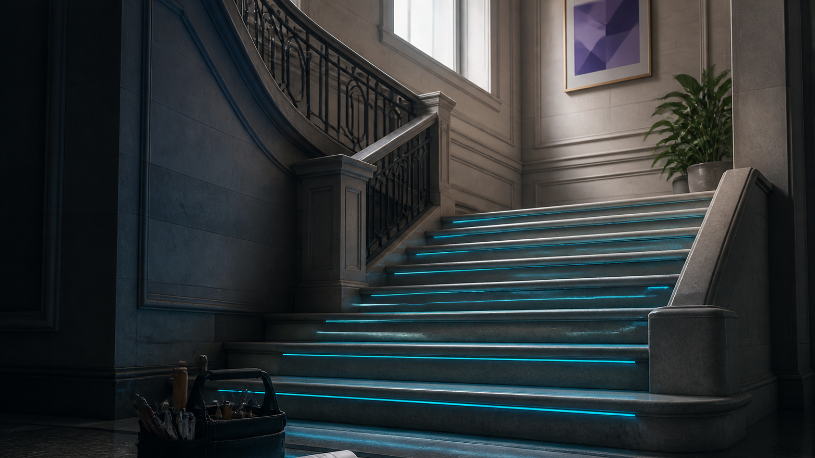 Well-lit stone staircase with subtle cyan edge lighting and a small toolkit at the base, suggesting a planned upgrade path rather than a disruptive rebuild.