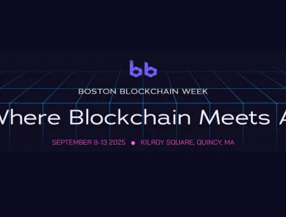 boston blockchain week header with blue grid and logo