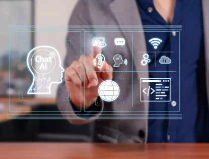 Multimodal Interaction with AI: Businessman Engaging with AI Chat that Sees, Hears, and Speaks.