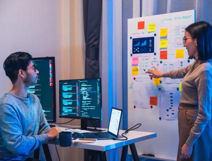 Developer and team designer present project interface design