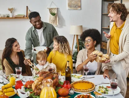 Thanksgiving with friends and family around a feast