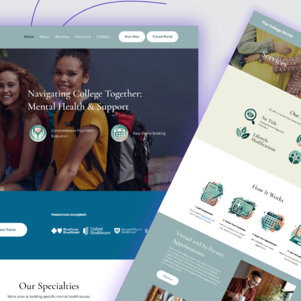 two screenshots of the the college shrink redesigned website on a grey background