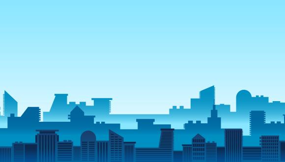 a blue colored banner featuring a long row of store fronts